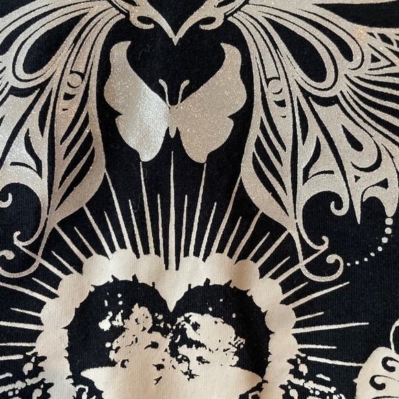 Shein Black Crop XS/2 Top Y2K Butterfly Print Notched Neckline Tee Long Sleeves - Picture 4 of 10